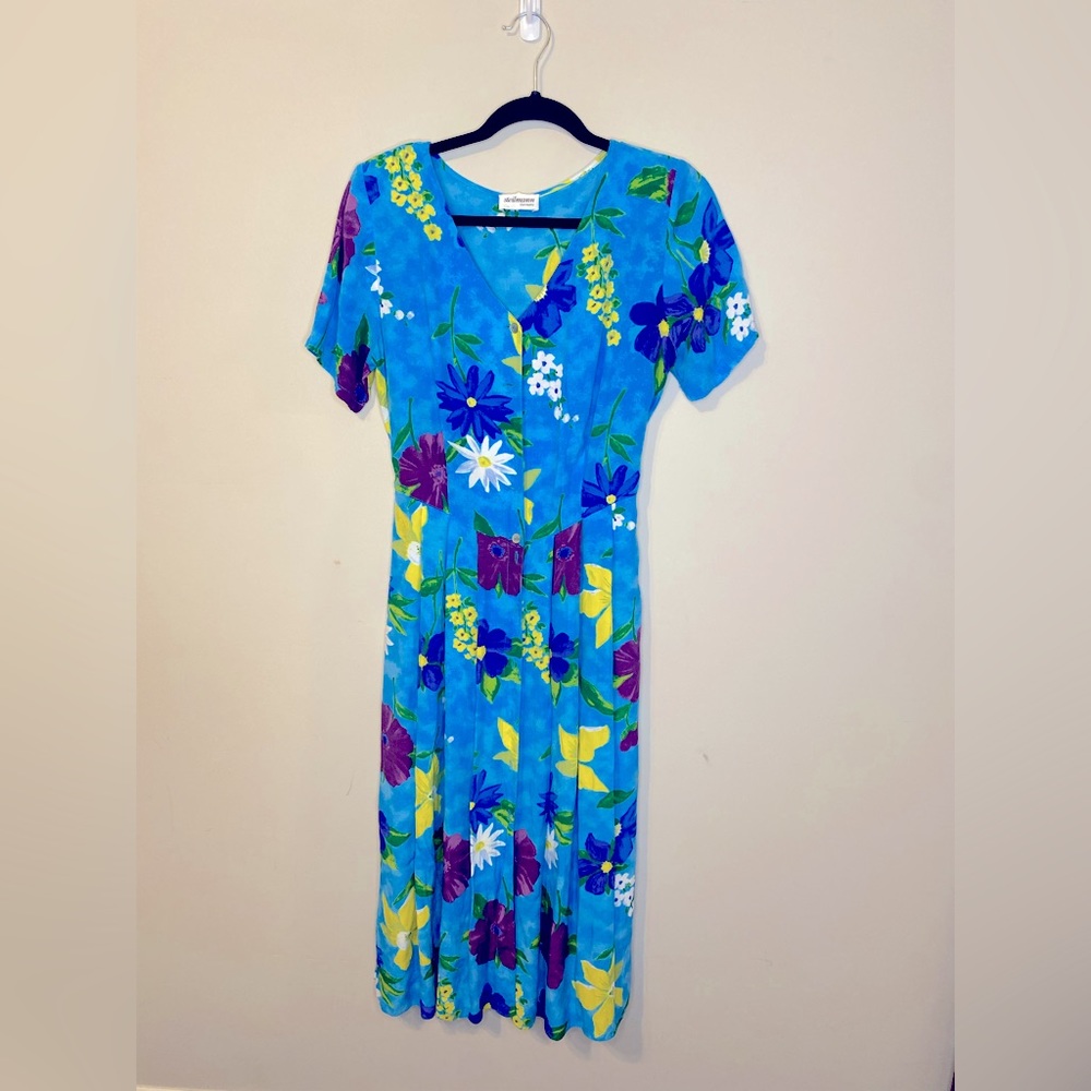 90s Blue Floral Midi Dress